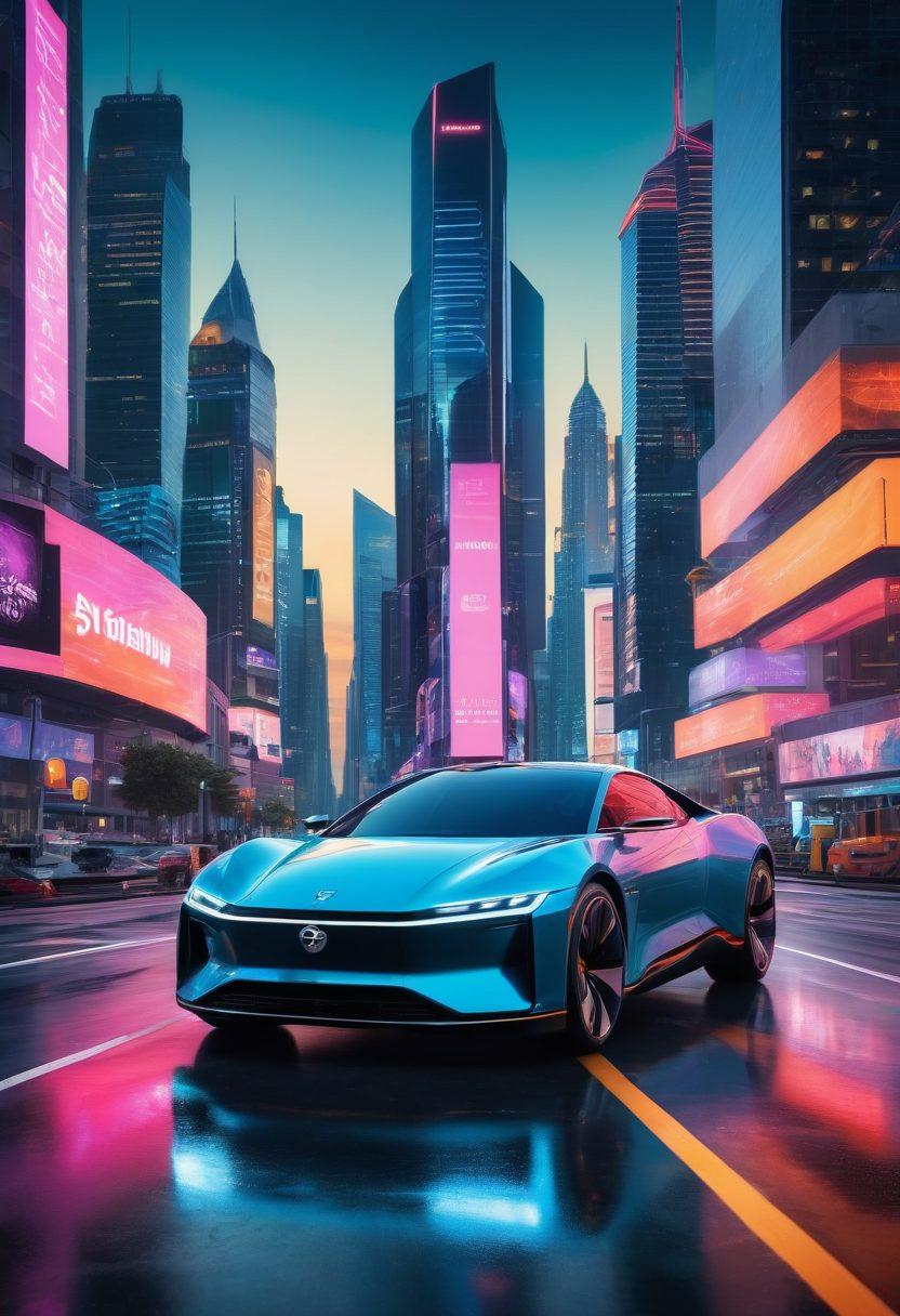 A dynamic composition featuring a sleek, futuristic car navigating through a bustling city filled with digital billboards showcasing the latest automotive technologies. Include elements like autonomous vehicles, electric charging stations, and robot mechanics assisting drivers. The skyline should reflect a blend of modernity and innovation, illuminated by neon lights. Capture a sense of motion and excitement, symbolizing the evolution of the automotive industry. super-realistic. vibrant colors.