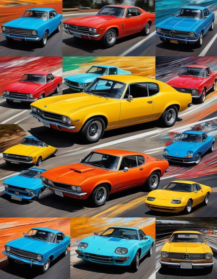 A dynamic collage depicting various elements of car culture, including vintage and modern cars, racing scenes, and iconic automotive logos. Vibrant colors highlight elements like tire tracks and speedometers, surrounded by car enthusiasts cheering in the background. A collage of car parts like engines and wheels artistically intertwined with street art. The overall composition conveys excitement and passion for cars. super-realistic. vibrant colors. energetic background.